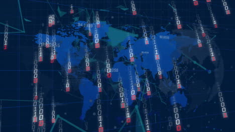 animation der binären kodierung und digitalen datenverarbeitung über der weltkarte