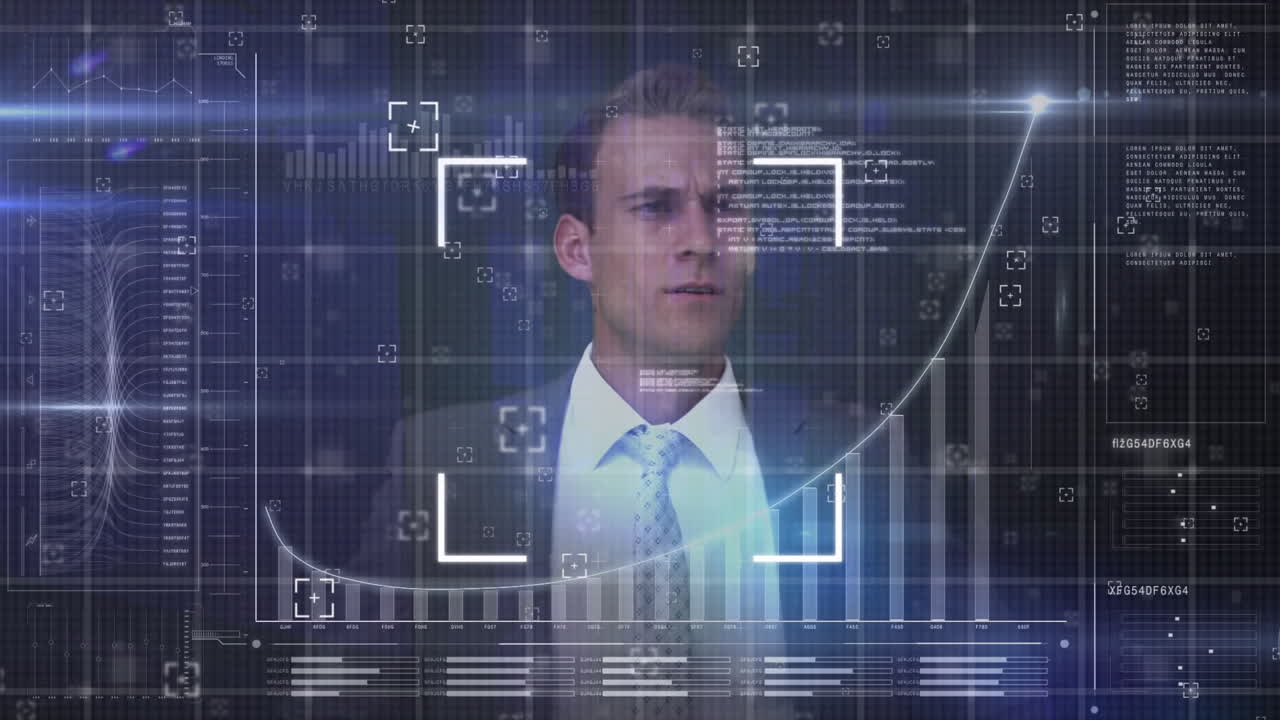 interfaz de computadora con procesamiento de datos contra el hombre de negocios caucásico tocando la pantalla futurista