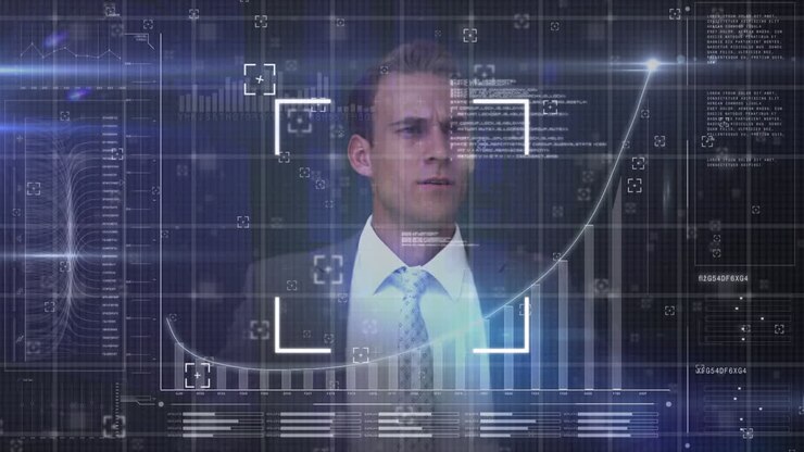 Computer interface with data processing against caucasian businessman touching futuristic screen