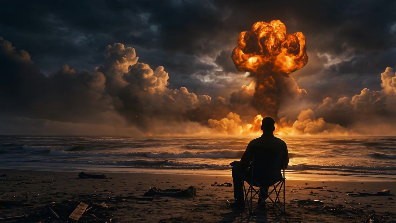 Silhouette di un uomo seduto su una spiaggia che osserva un'esplosione nucleare in lontananza