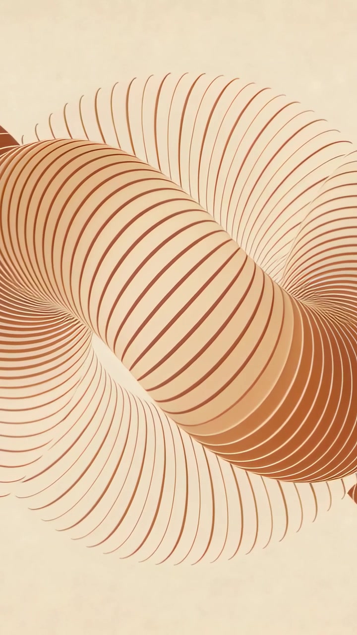 Video verticale: In loop, un toroide beige che ruota mentre linee radiali e strisce ondeggiano per mostrare profondità.