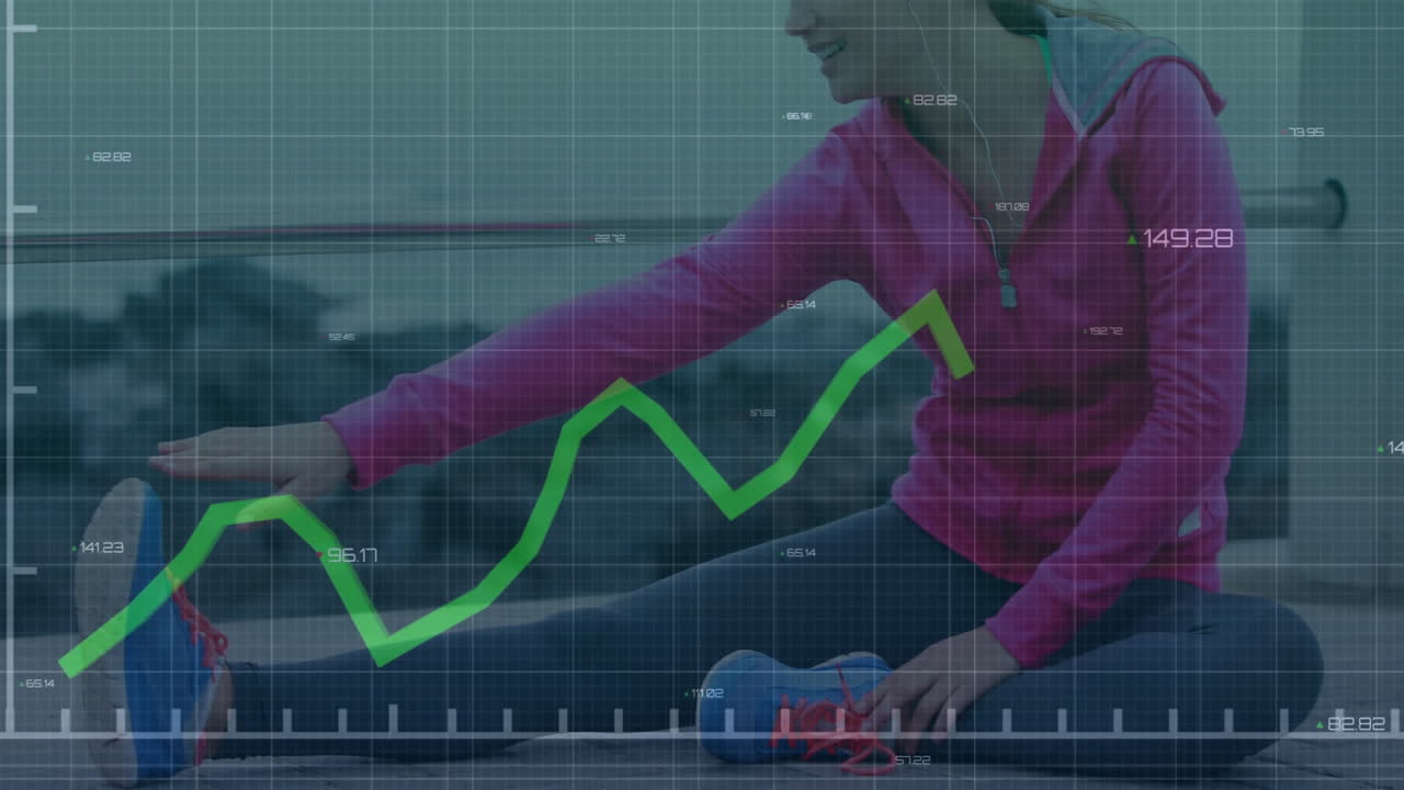 Female athlete stretching leg on waterfront promenade, showcasing overlaid green fitness graph
