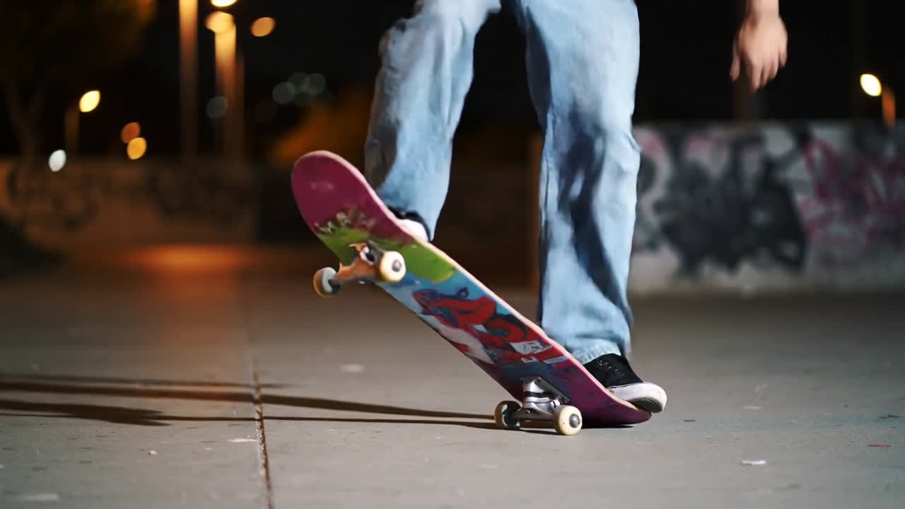 Male skater shifting foot, popping tail and flipping deck, landing to complete trick at night plaza
