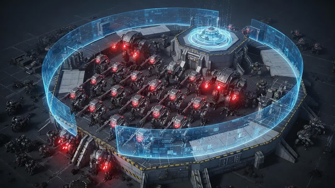 Advanced Robotic Citadel Surrounded by High-Tech Defense System Featuring Multiple Mechs and a Central Control Hub in a Futuristic Landscape