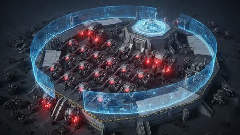 advanced robotic citadel surrounded by high-tech defense system featuring multiple mechs and a central control hub in a futuristic landscape