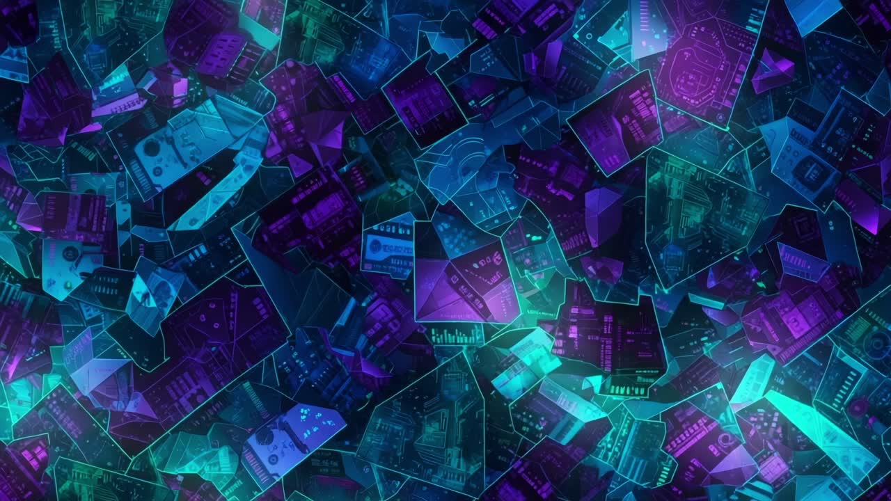A mesmerizing digital collage showcasing intricate geometric shapes intertwined with vivid patterns and colors, creating a captivating visual tapestry of modern technology
