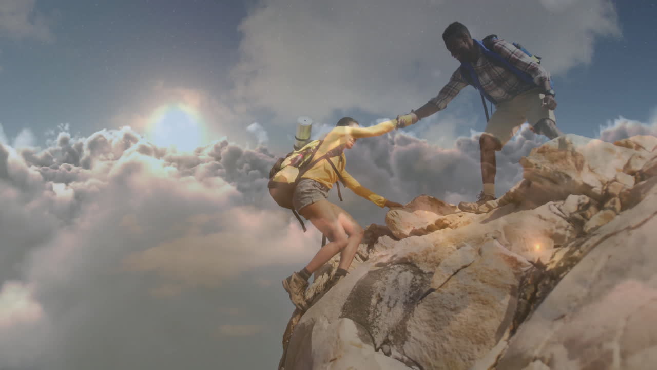 Woman hiker and man hiker climbing rocky cliff, showing floating health icons and progress chart
