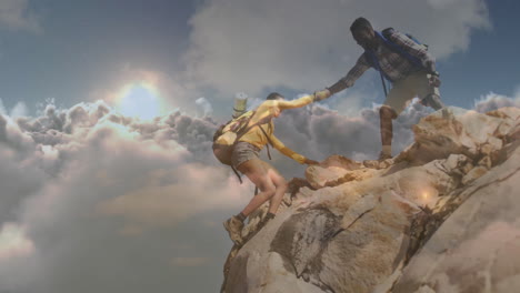 woman hiker and man hiker climbing rocky cliff, showing floating health icons and progress chart