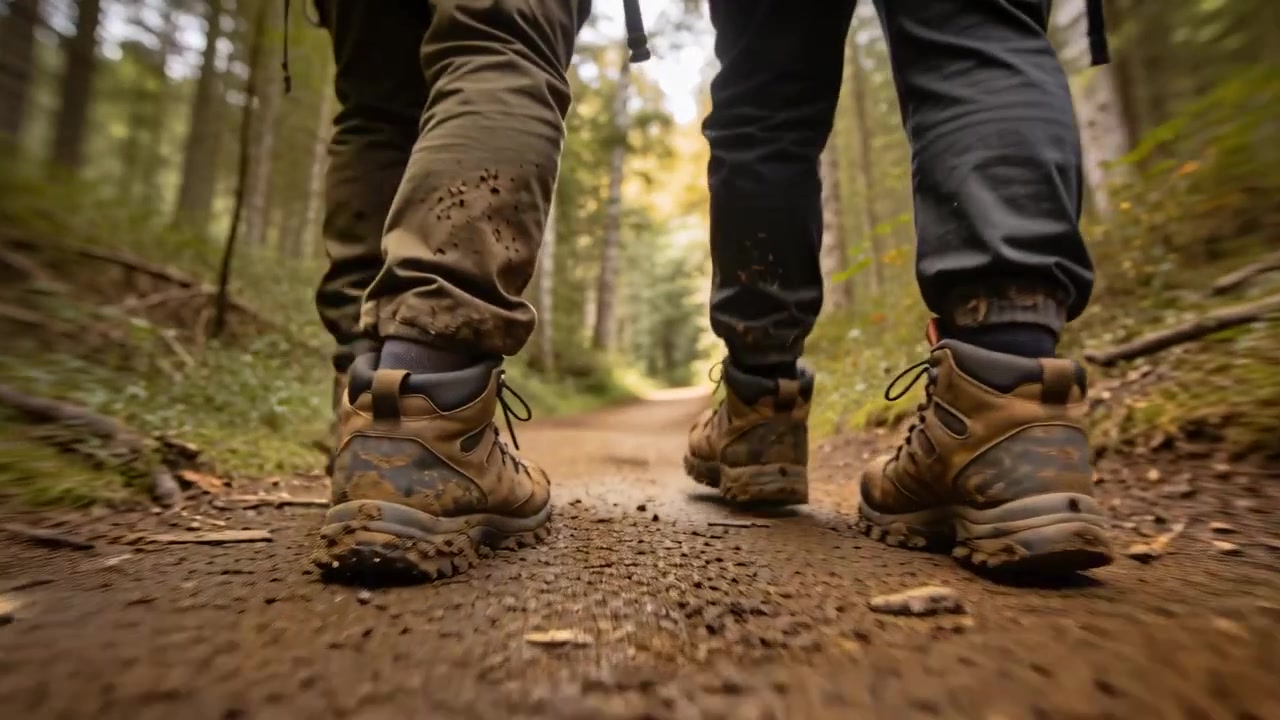 Dos excursionistas caminando por un sendero forestal; la cámara comienza desde abajo mostrando botas y mochilas.