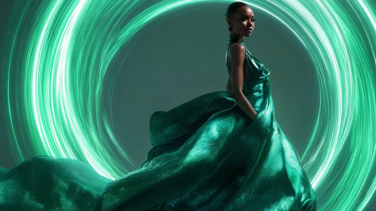 Uma demonstração impressionante de moda: um modelo em um vestido esmeralda esvoaçante cativa com um efeito de luz hipnotizante, criando uma atmosfera de sonho contra um plano de fundo escuro