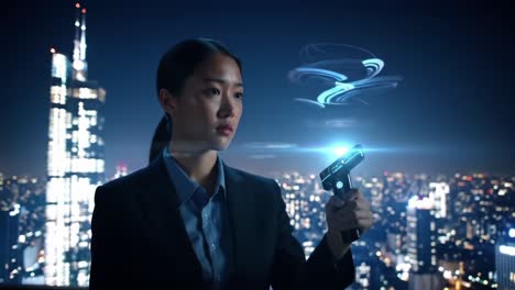 a steely-eyed woman with a high-tech device gazes over a cityscape, illuminated by neon lights and the glow of technology at night