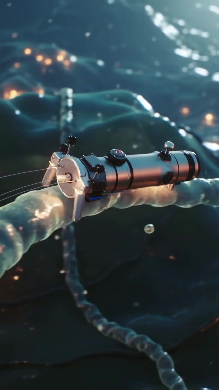 Vertical video: Receiving signal, capsule probe riding tube in teal fluid and sensing amber nodes