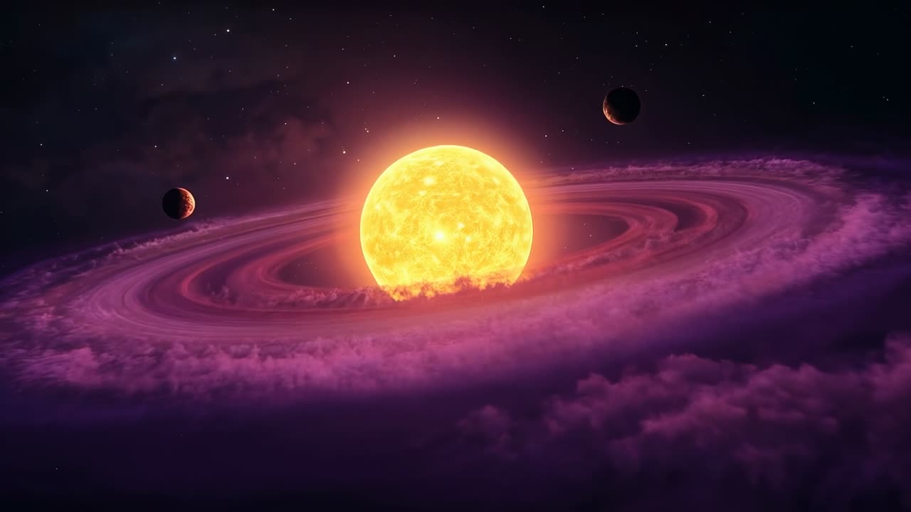 Pulling camera inward, central luminous star revealing purple ring, three planets orbiting in space