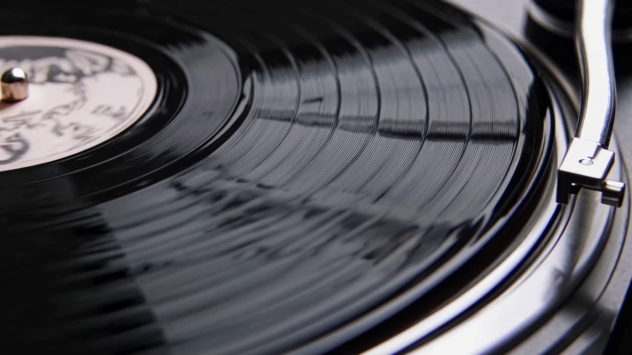Close-up, angled shot of a spinning vinyl record on a turntable, capturing the grooves and needle