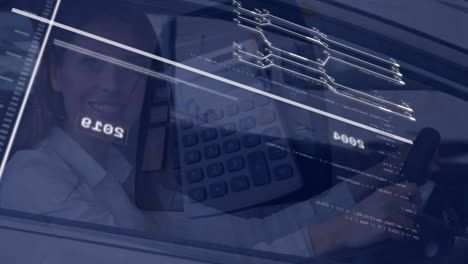 animación del procesamiento de datos sobre una mujer sentada en un coche y una calculadora cayendo sobre documentos