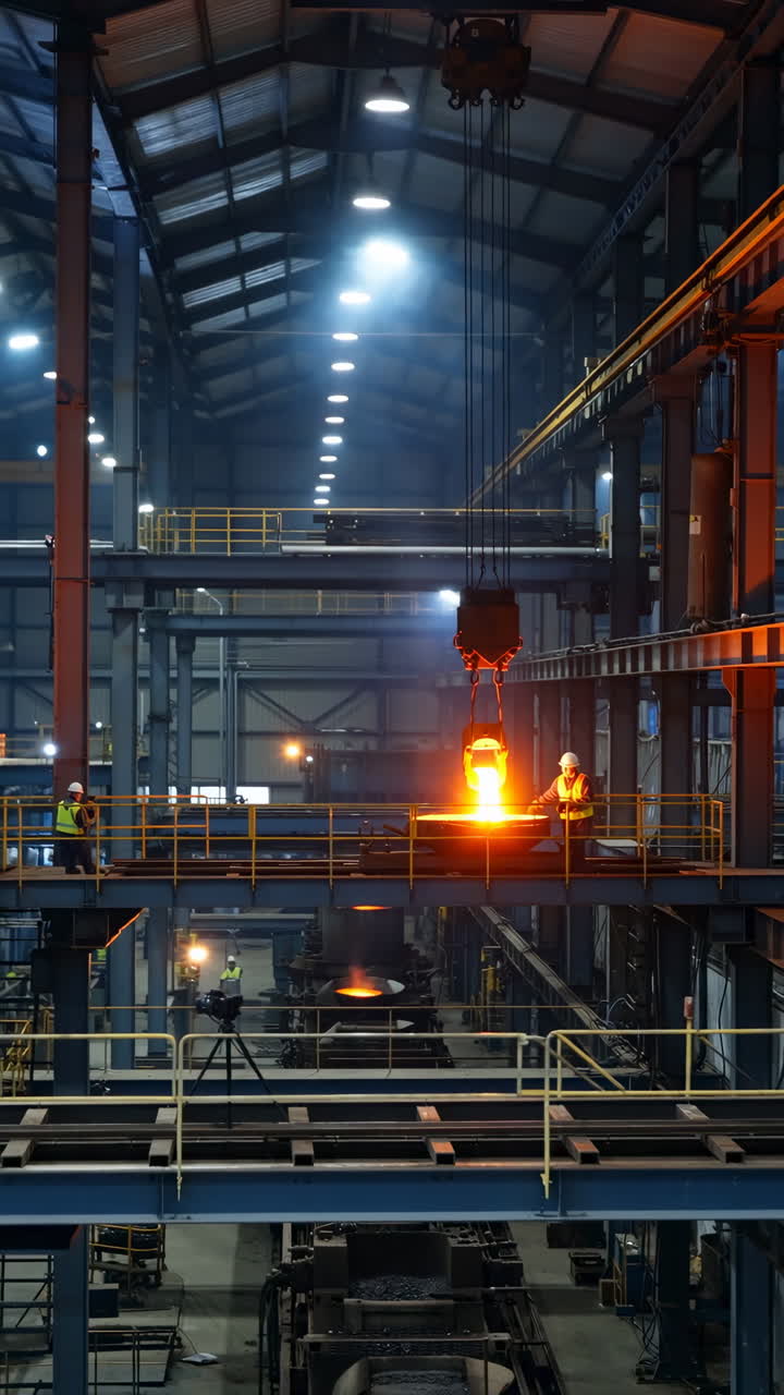 Molten metal being poured in a busy industrial steel mill