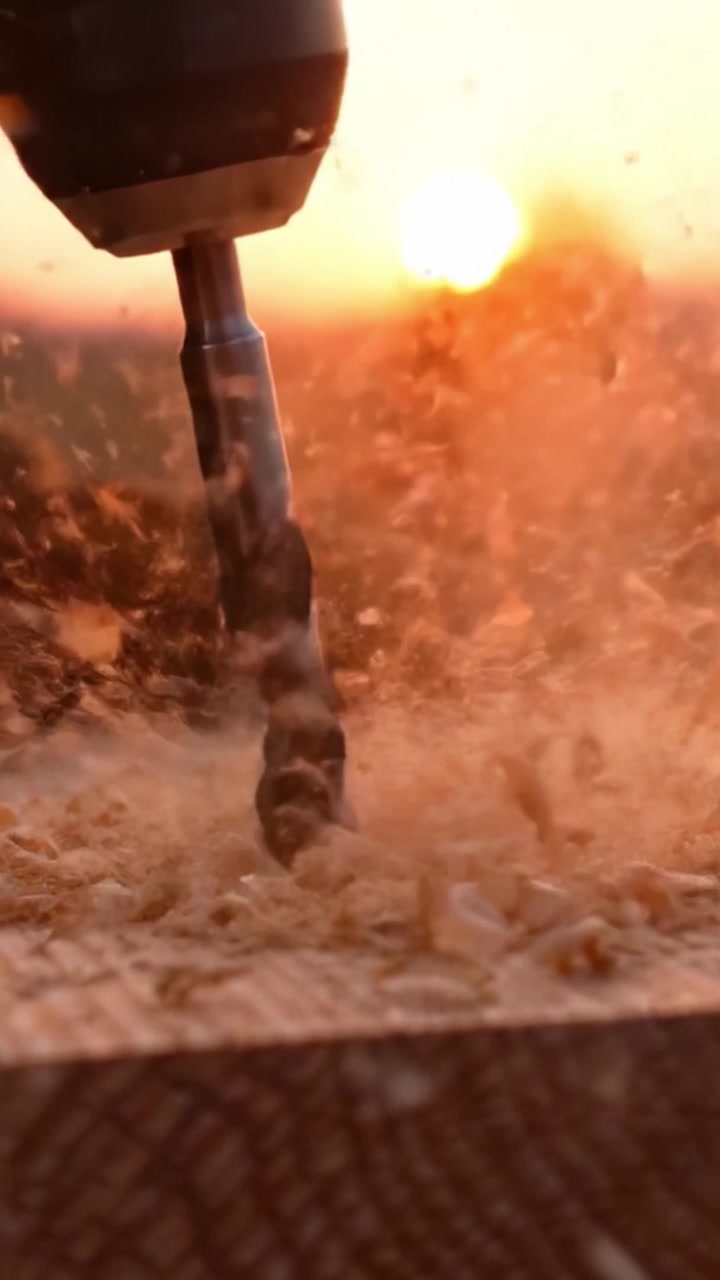 Una vista ravvicinata di un trapano elettrico in azione, che crea fori precisi in un blocco di legno mentre il tramonto proietta un caldo bagliore sulla scena dell'officina