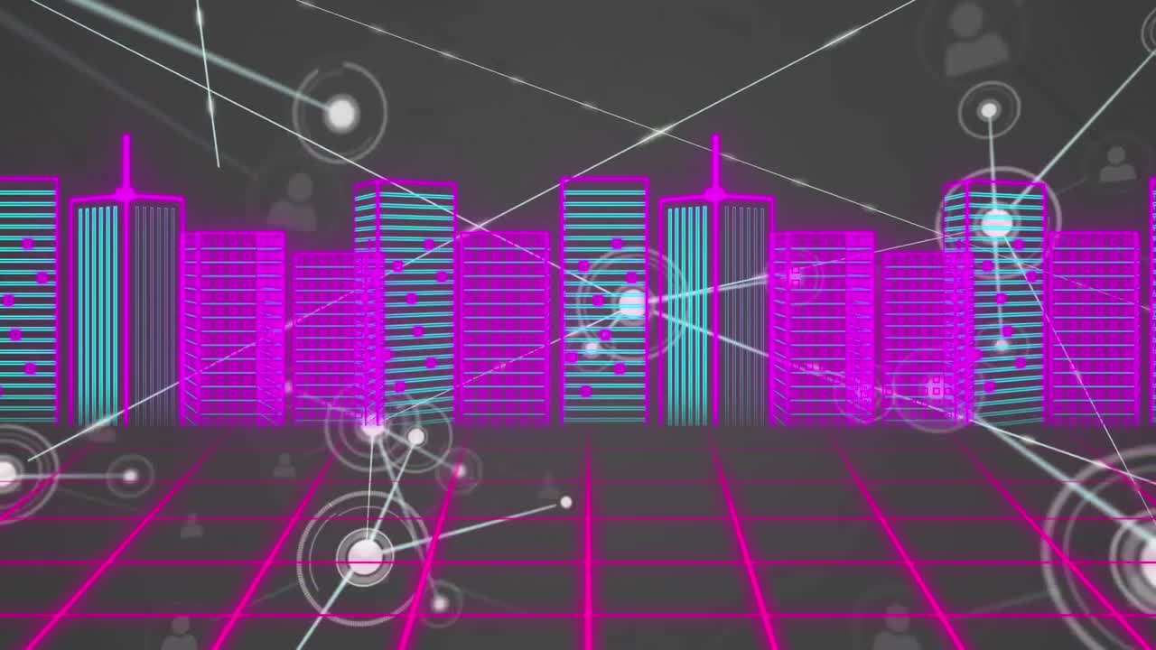 Animation of network of connections and 3d cityscape over grid