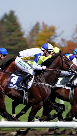 dynamic video of a horse race captured from a low angle, showcasing speed and competition