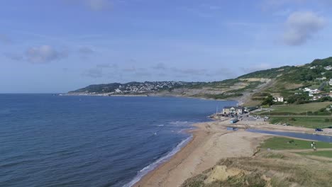 static aerial across the beach at charmouth, dorset