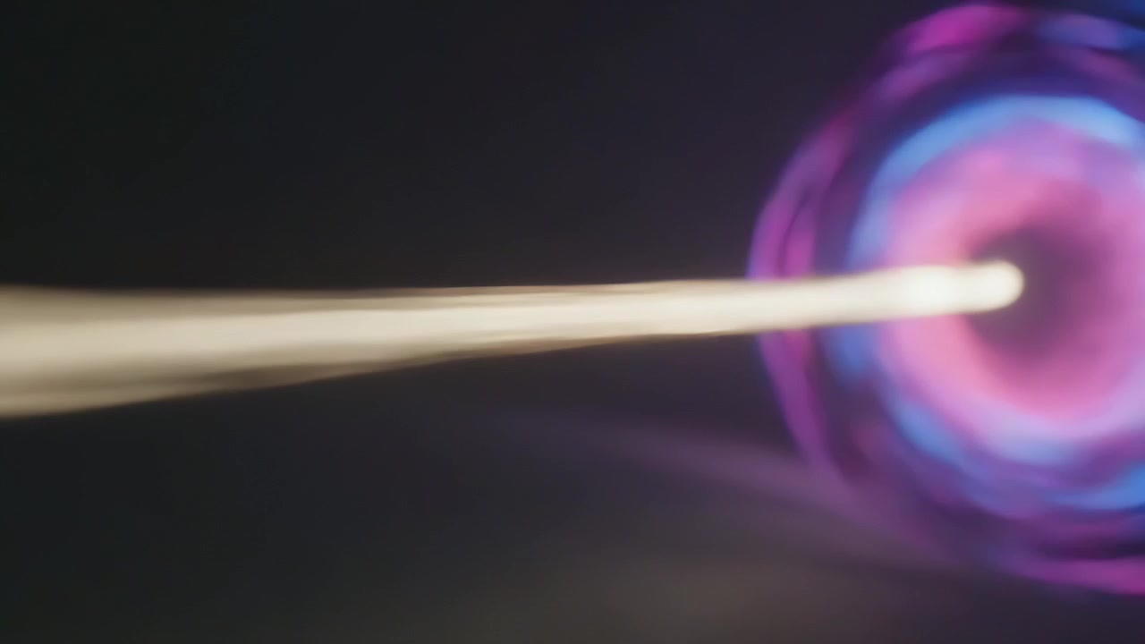 Extending pale-gold beam reaching swirling magenta-purple vortex in dark void, concentrating energy