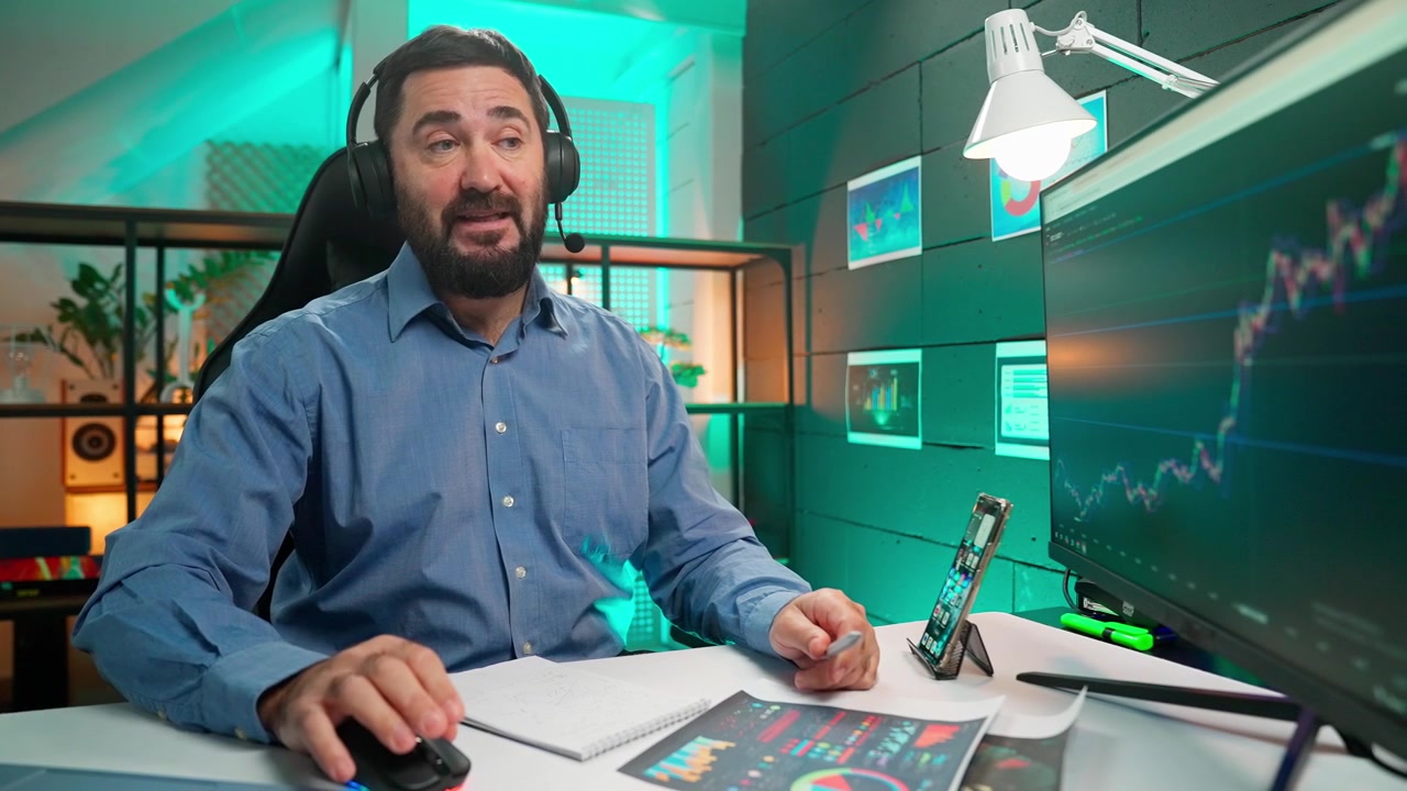 Uomo barbuto con le cuffie che lavora al computer con grafici finanziari