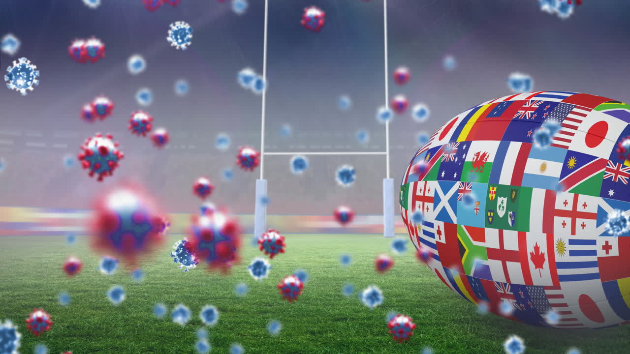 анимация клеток covid-19 над мячом для регби, сформированным с флагами на поле для регби