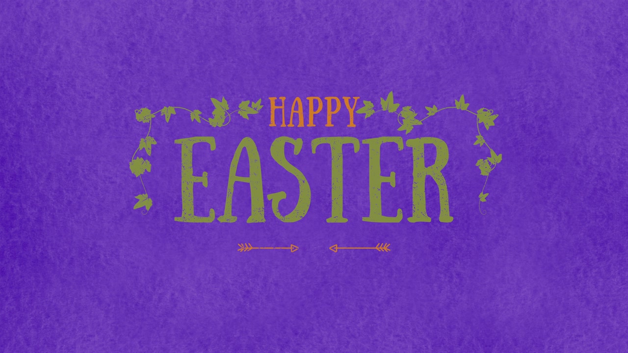 Buona Pasqua con foglie verdi retrò su gradiente viola
