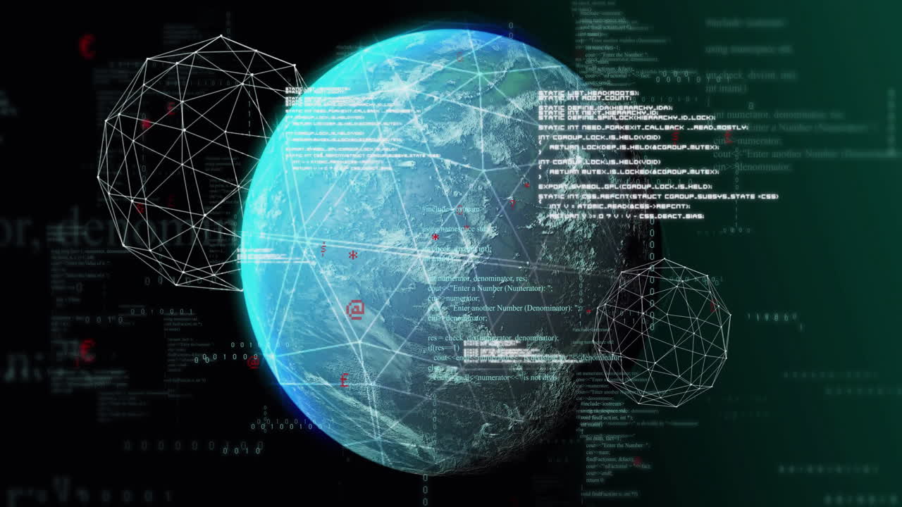 Animation of dna network of connections and globe over data processing on black background