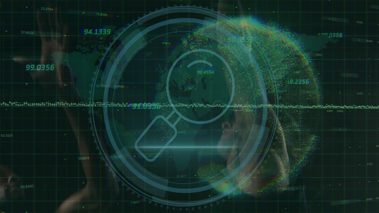 Magnifying glass and data processing animation over digital world map