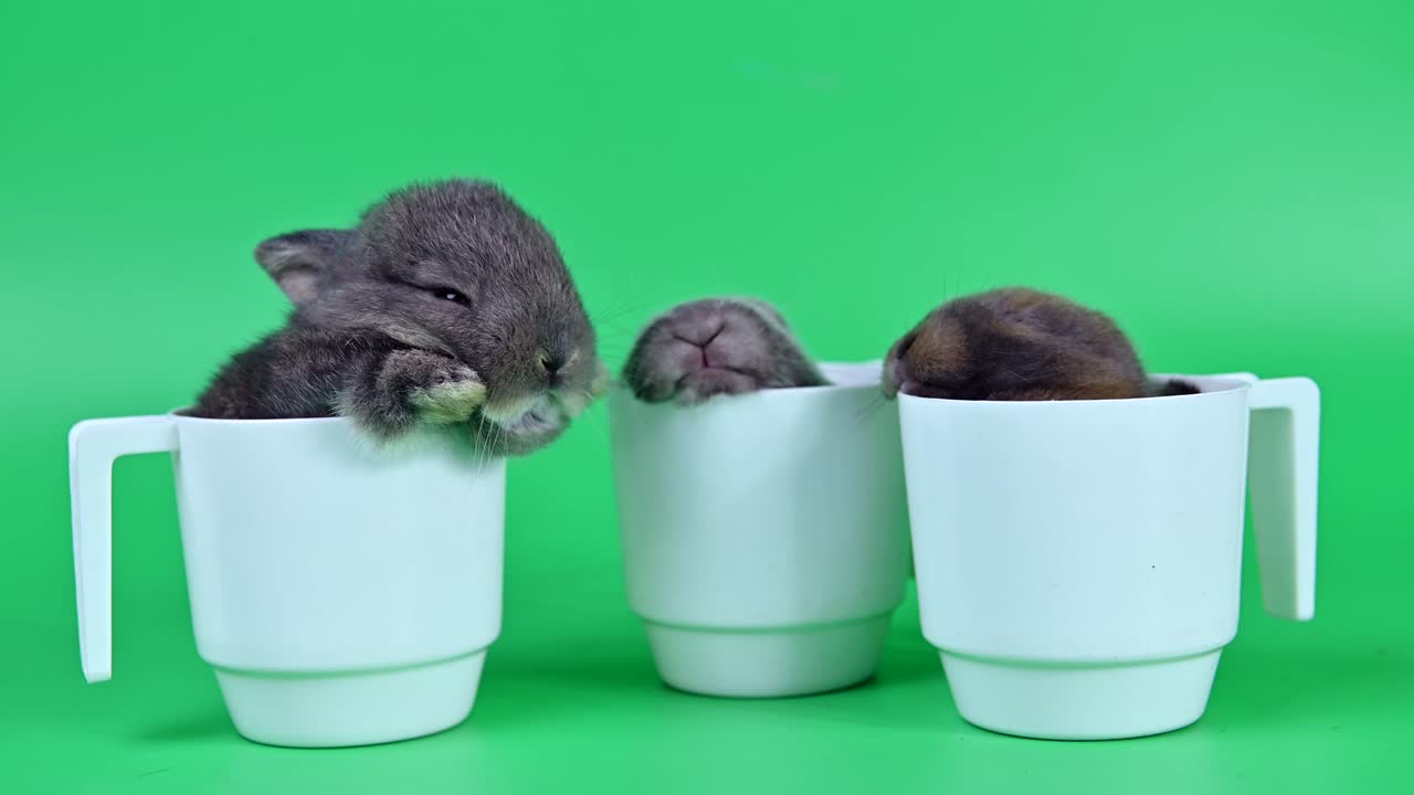 초록색 스크린 배경에 토끼. 영 동물과 부활절에 대한 똑똑한 애완동물