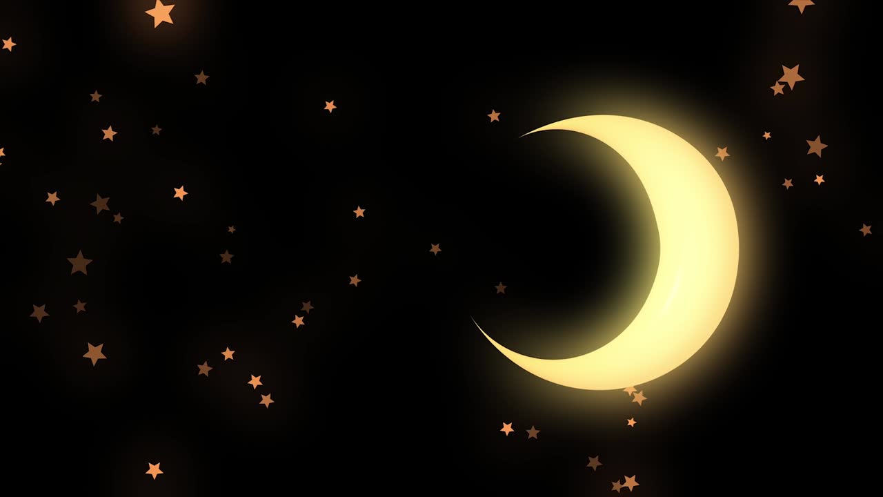media luna dorada brillante y muchas estrellas en fondo negro, cielo nocturno. animación. hermosa media luna amarilla y muchas pequeñas estrellas en fondo negra