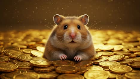 a charming hamster, playfully nestled among a pile of shining golden coins, conjures a whimsical and imaginative ambiance all around