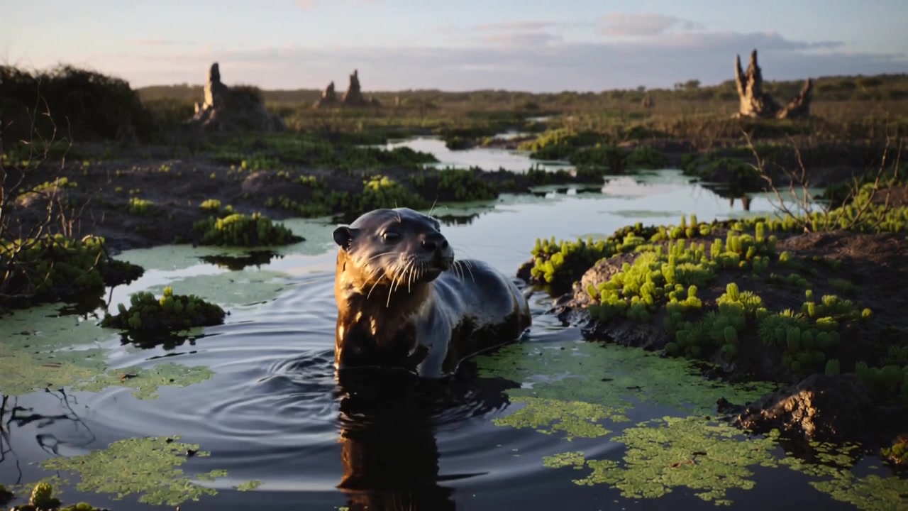 Lontra che emerge per respirare attraverso un canale paludoso, superando tappeti di lenticchie d'acqua verso una sponda fangosa in cerca di cibo.