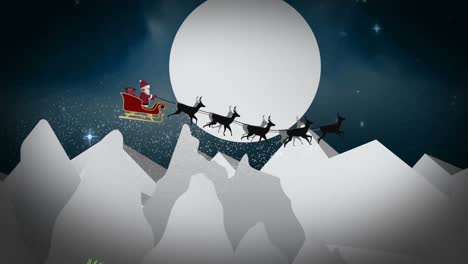 Green-tree-branches-over-santa-claus-in-sleigh-being-pulled-by-reindeers-against-moon-in-night-sky