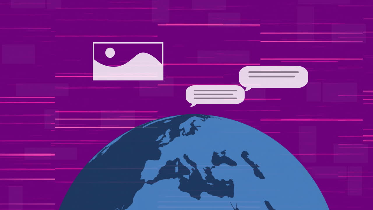 Animation of message boxes and pictures with lines over purple background