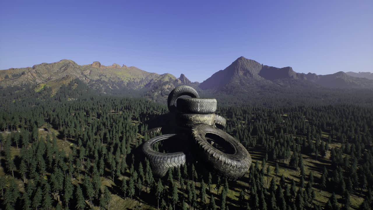 Old tires stacked in a forest during bright afternoon sunlight