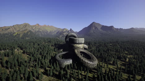 old tires stacked in a forest during bright afternoon sunlight