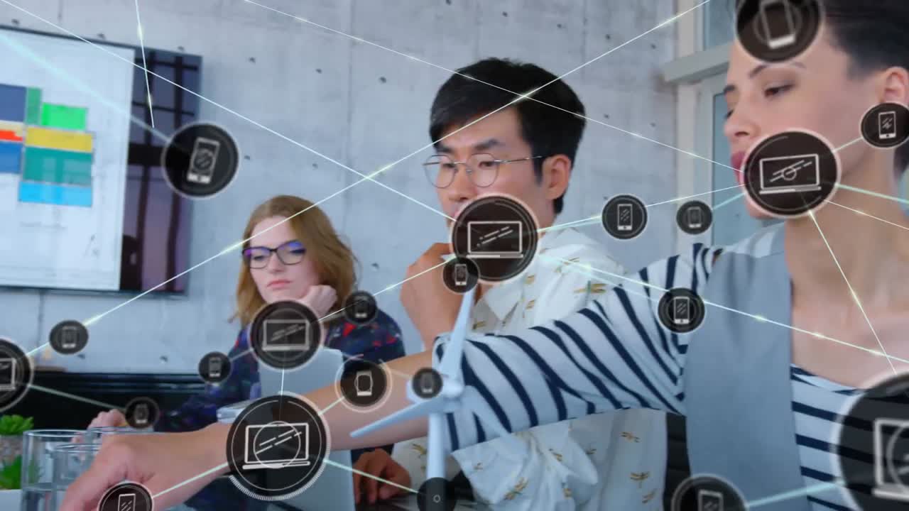 Animation of network of connections with icons over diverse business people in office