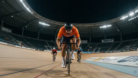 intense cycling competition captures the spirit of speed and determination as athletes race on a velodrome track under bright stadium lights at night