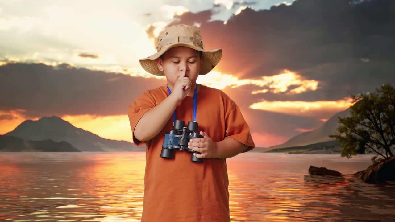 Asian Boy With A Hat And Binoculars Looking At Camera And Making Shh Gesture At A Lake. Boy Researcher Examines Something, Travel Tourism Adventure Concept