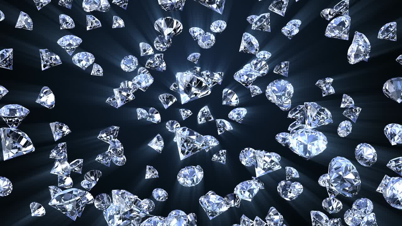 Molti diamanti da gioielleria che cadono su sfondo nero