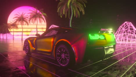 retrofuturistic sports car sunset scene