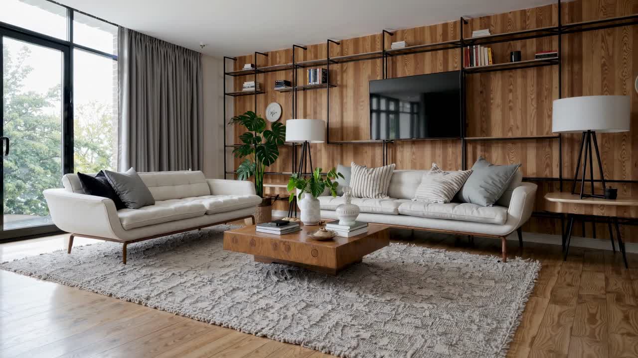 Modern living room with wooden accents, neutral sofas, and large windows