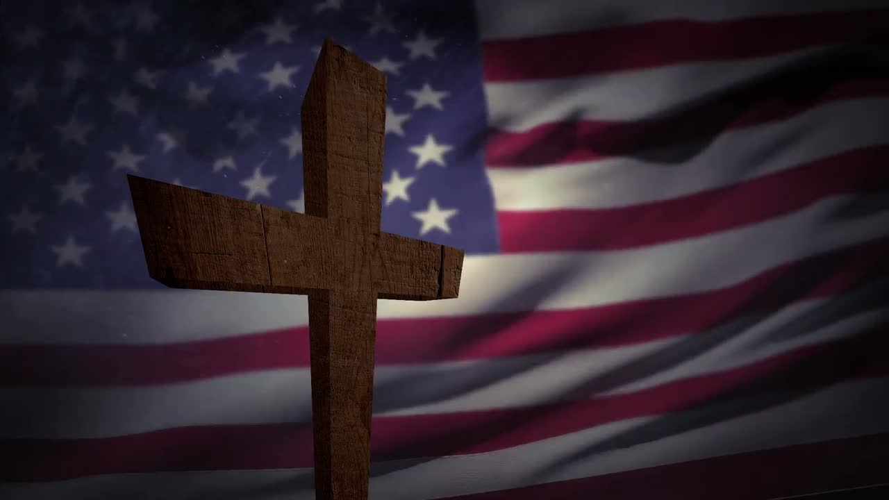 Animation of christian cross over waving flag of usa