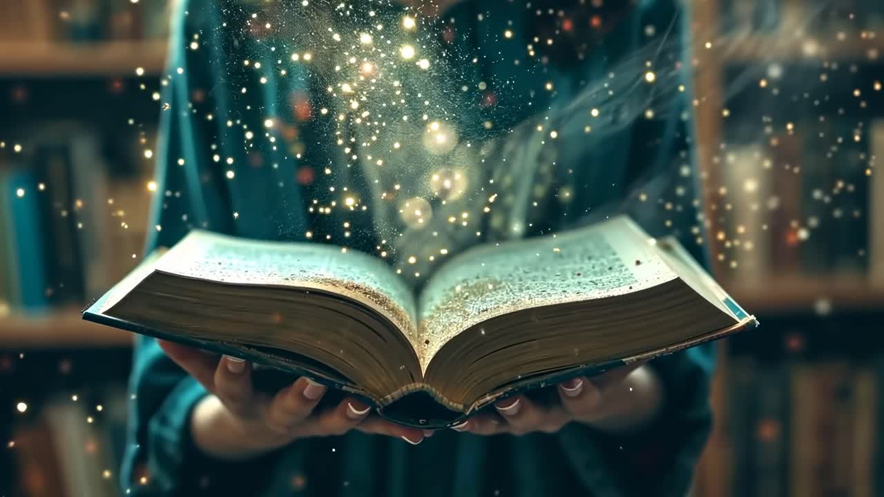 A magical book emits glowing particles, captured from a low-angle view