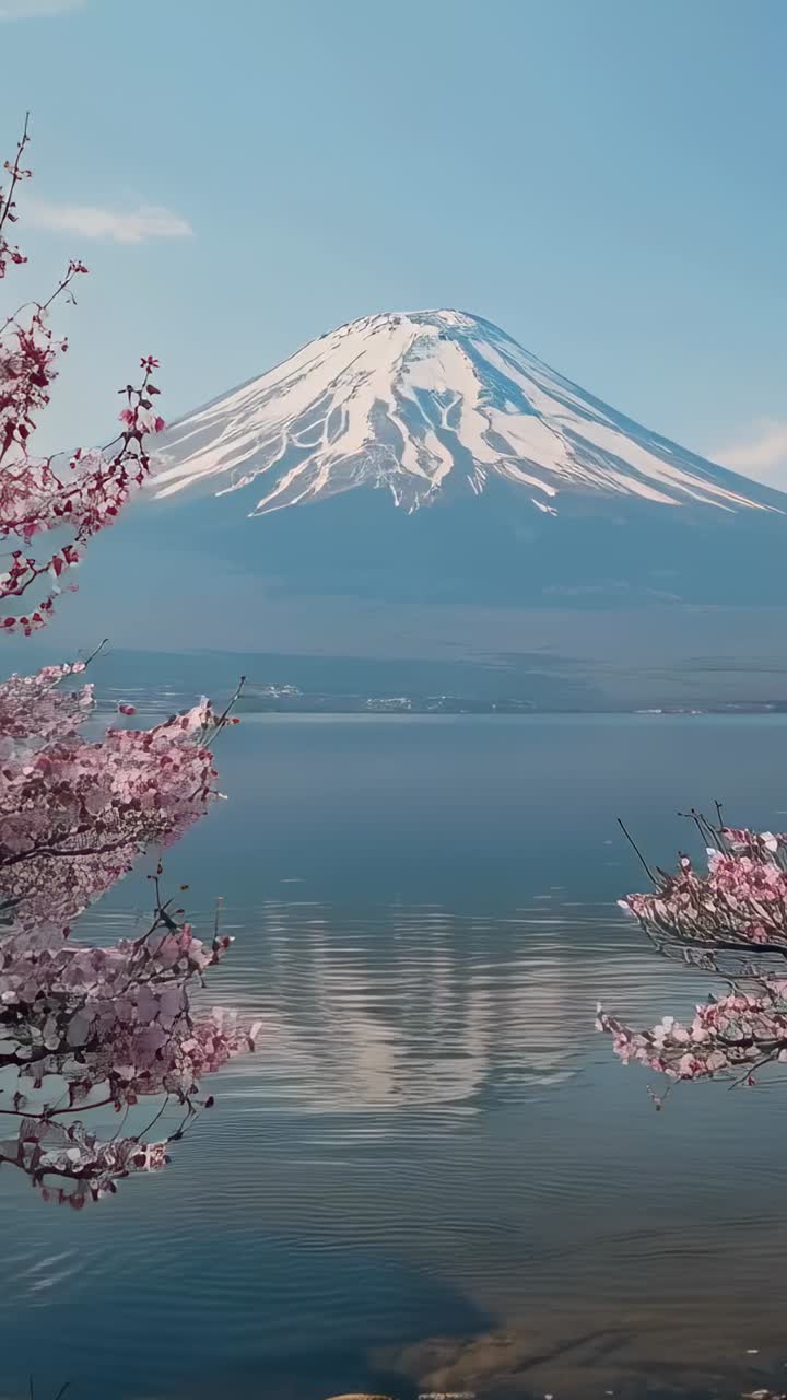 Video verticale: Inquadratura della camera centrata, riflesso della cima innevata sul lago, con fiori di ciliegio che ondeggiano