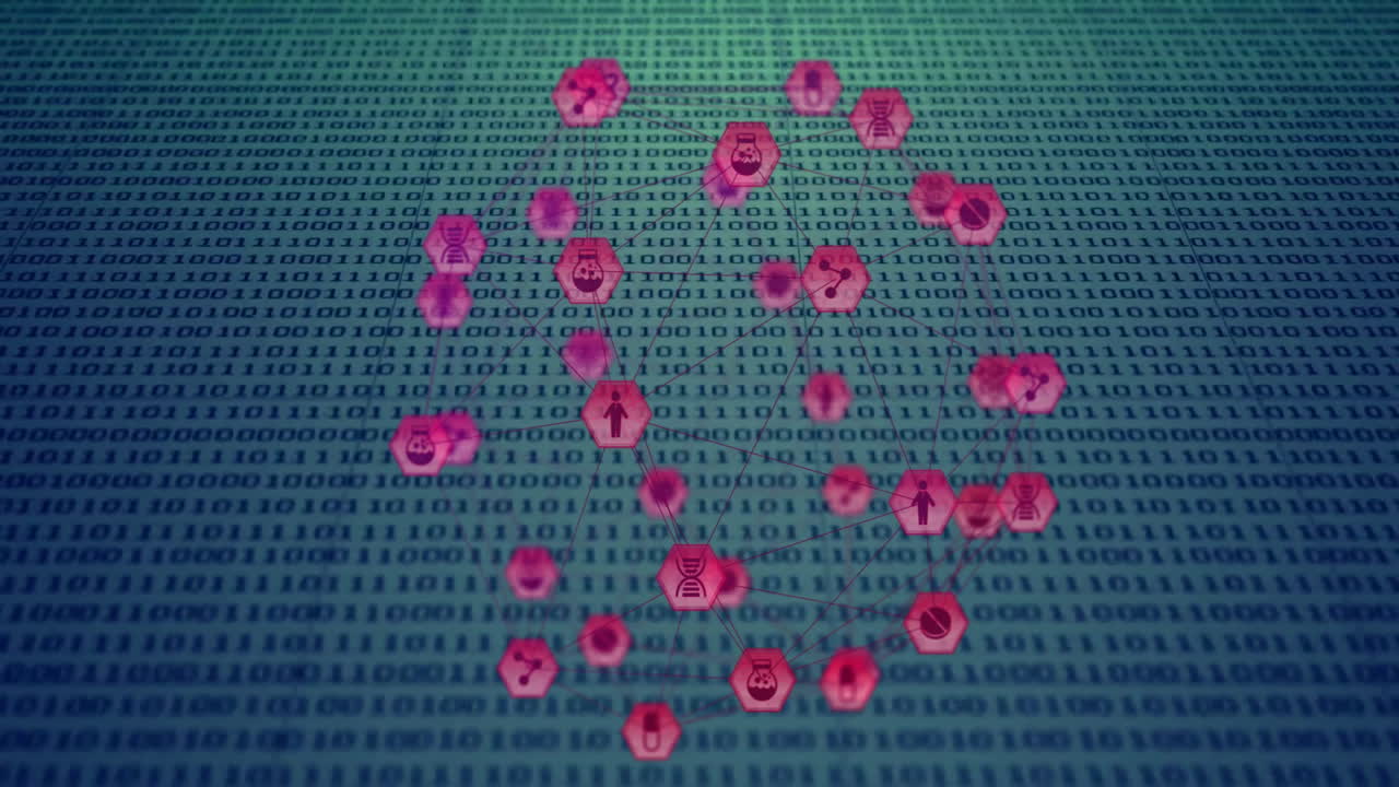 Hexagonal icons in animation over binary code, showing digital network connections