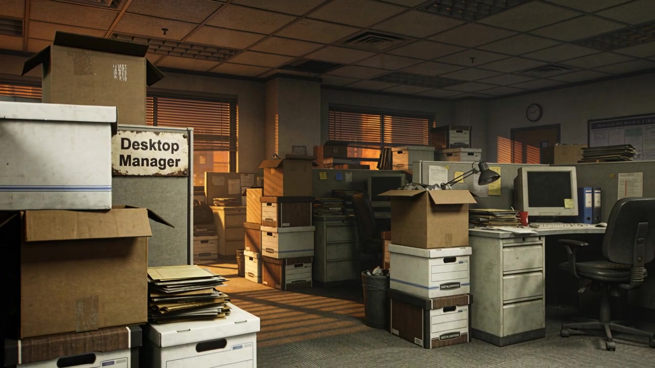 Panning camera revealing cluttered office archive boxes, partition Desktop Manager to show files