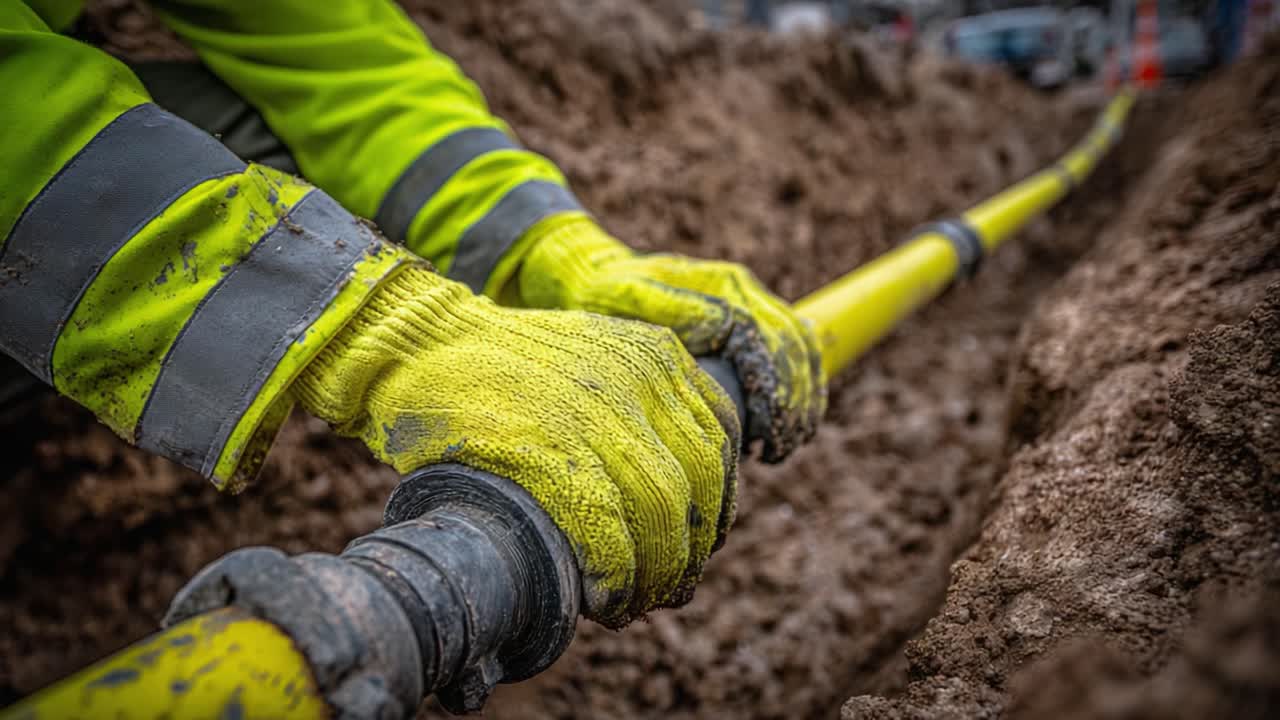 A Worker in High-Visibility Gear Maneuvers a Yellow Pipeline Carefully Installed in a Trench, Demonstrating Precision and Safety During an Essential Infrastructure Task
